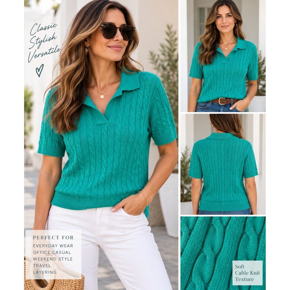 Women’s XL Teal Cable Knit Polo Sweater Top Short Sleeve Preppy Coastal